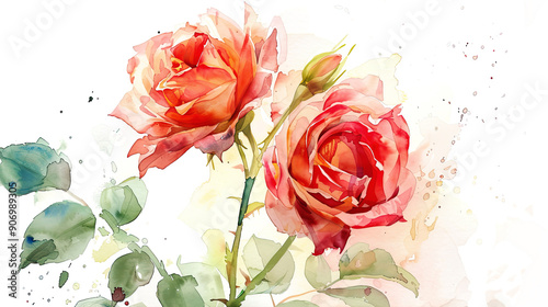 Watercolor garden roses with transparent washes, light and delicate colors, ethereal look, light background