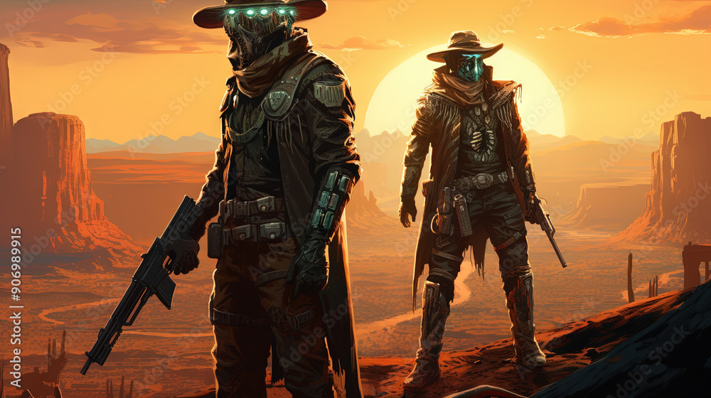 Space cowboys in sci-fi western scene. Sci-fi warriors of the wasteland Space cowboys in sci-fi western scene. Sci-fi warriors of the wasteland