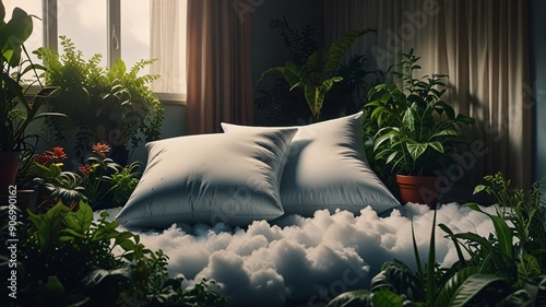 Pillow plant on cloud in room 2 pillows give a feeling of nature, clean, light, comfortable, good night's sleep for pillow advertising, realistic 3D model no text.