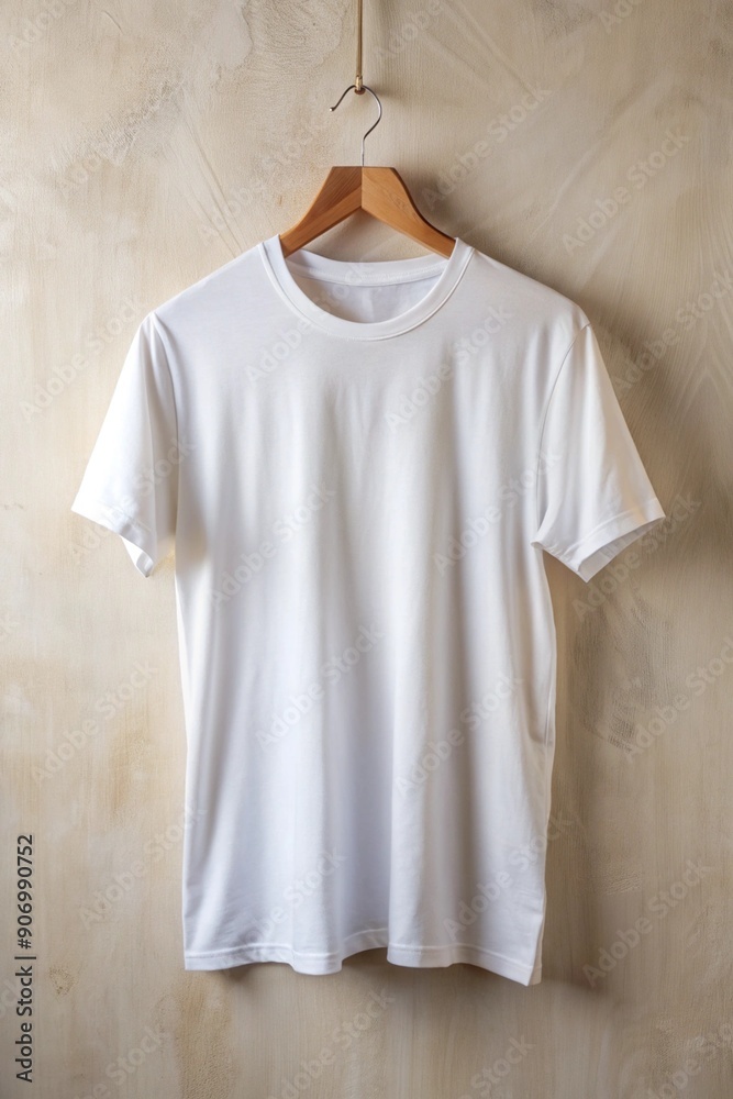 White t-shirt on a clothes hanger on a light background White t-shirt on a clothes hanger on a light background