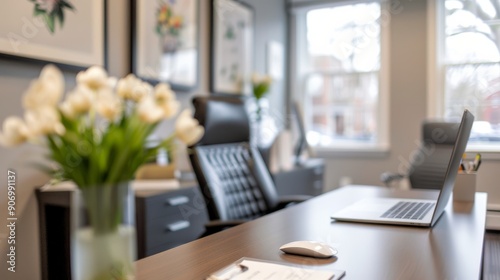 Modern Office Chair at Home Workspace With Laptop on Wooden Desk