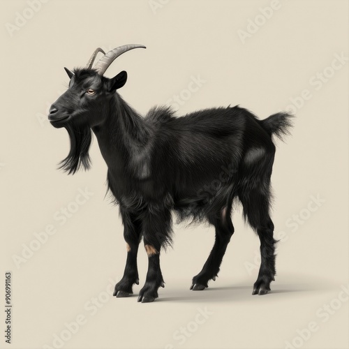 Medium shot of a black goat full body shot, isolated on a light solid pastel white background,