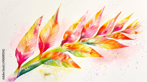 Watercolor heliconia rostrata using lifting, gentle and soft pastels creating delicate effects, light background photo