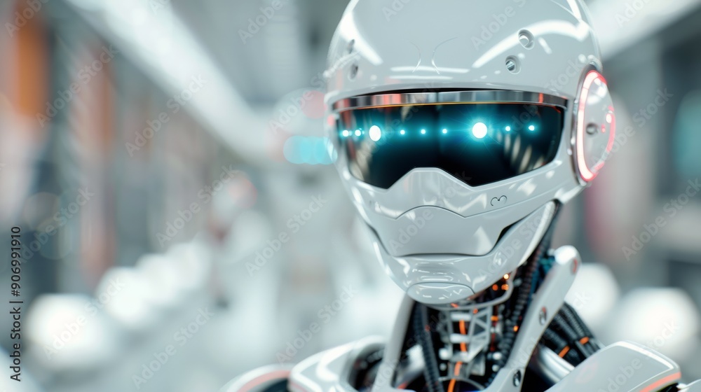 Futuristic Robot With Orange Accents in a High-Tech Environment Futuristic Robot With Orange Accents in a High-Tech Environment