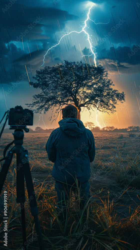 Obraz premium Photographer taking a picture of a tree being hit by a lightning