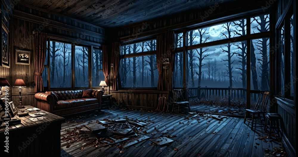 dark hallway corridor room in abandoned wooden cabin house in the woods forest during autumn sunset with red and orange fall trees. dark hallway corridor room in abandoned wooden cabin house in the woods forest during autumn sunset with red and orange fall trees.