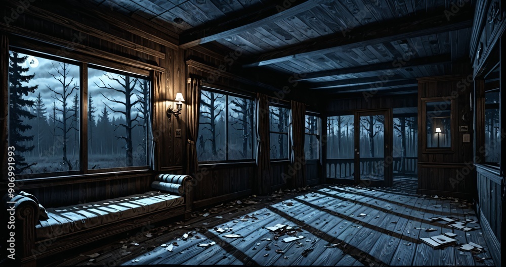 dark hallway corridor room in abandoned wooden cabin house in the woods forest during autumn sunset with red and orange fall trees. dark hallway corridor room in abandoned wooden cabin house in the woods forest during autumn sunset with red and orange fall trees.