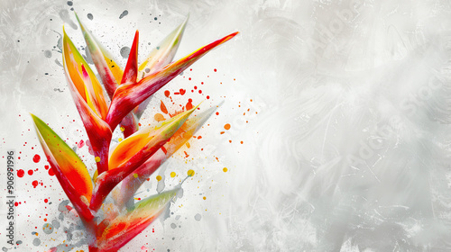 Watercolor heliconia rostrata with splattering, energetic and playful splashes of color, light gray background photo