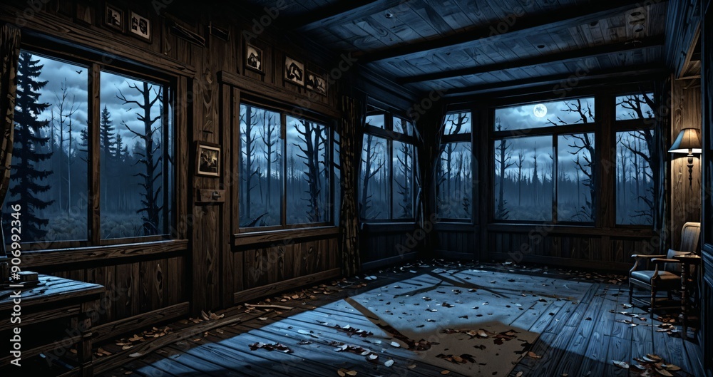 dark hallway corridor room in abandoned wooden cabin house in the woods forest during autumn sunset with red and orange fall trees. dark hallway corridor room in abandoned wooden cabin house in the woods forest during autumn sunset with red and orange fall trees.