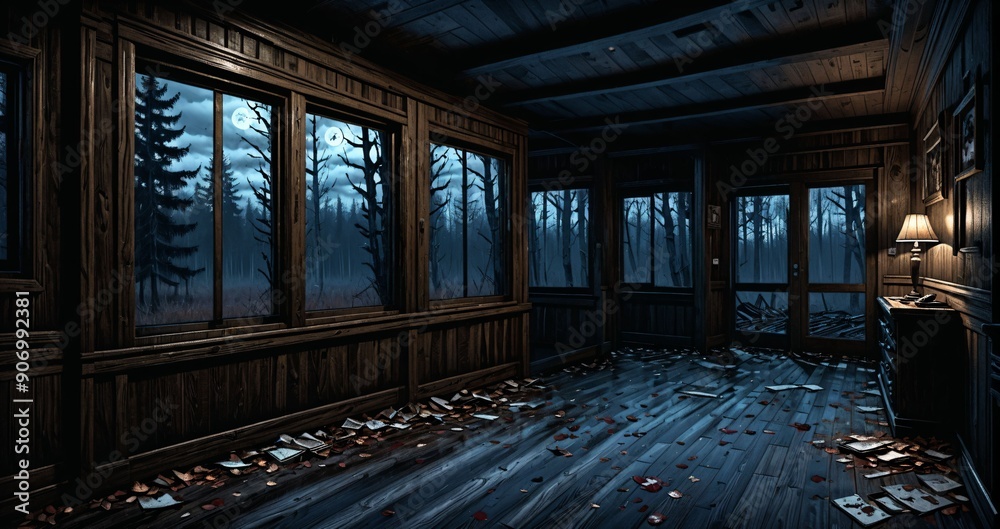 dark hallway corridor room in abandoned wooden cabin house in the woods forest during autumn sunset with red and orange fall trees. dark hallway corridor room in abandoned wooden cabin house in the woods forest during autumn sunset with red and orange fall trees.