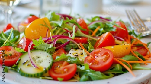 Fresh Garden Salad With Colorful Vegetables on a White Plate at a Dining Table