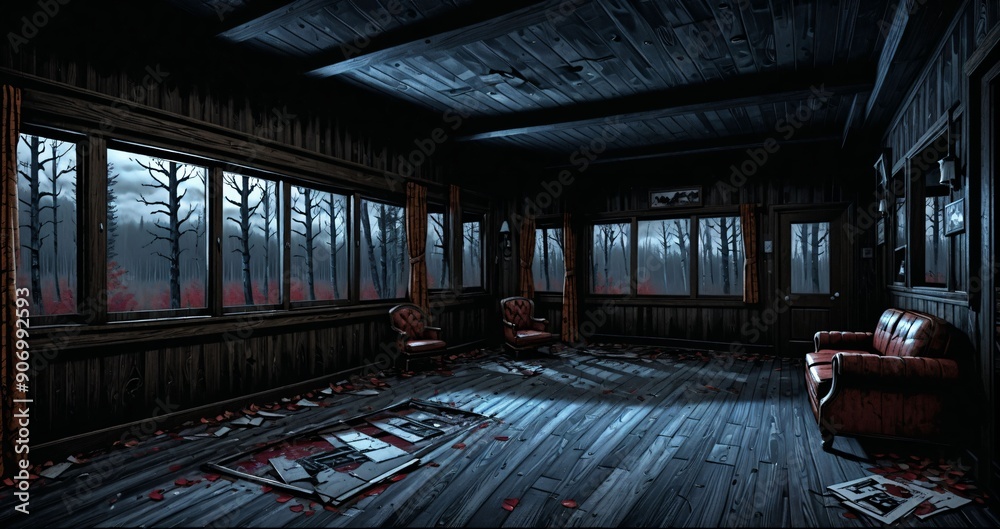 dark hallway corridor room in abandoned wooden cabin house in the woods forest during autumn sunset with red and orange fall trees. dark hallway corridor room in abandoned wooden cabin house in the woods forest during autumn sunset with red and orange fall trees.