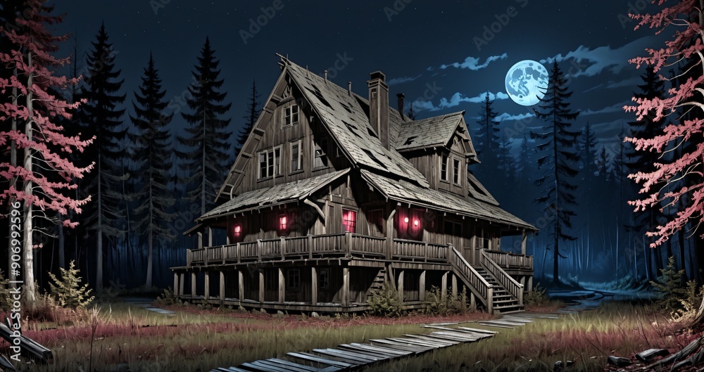 Fototapeta premium wood log cabin lodge in the woods at night. wooden house in the forest surrounded by dark tree silhouettes in the wilderness.