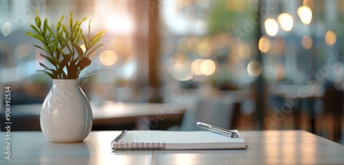 Cozy Cafe Setting With Notebook and Plant at Sunset