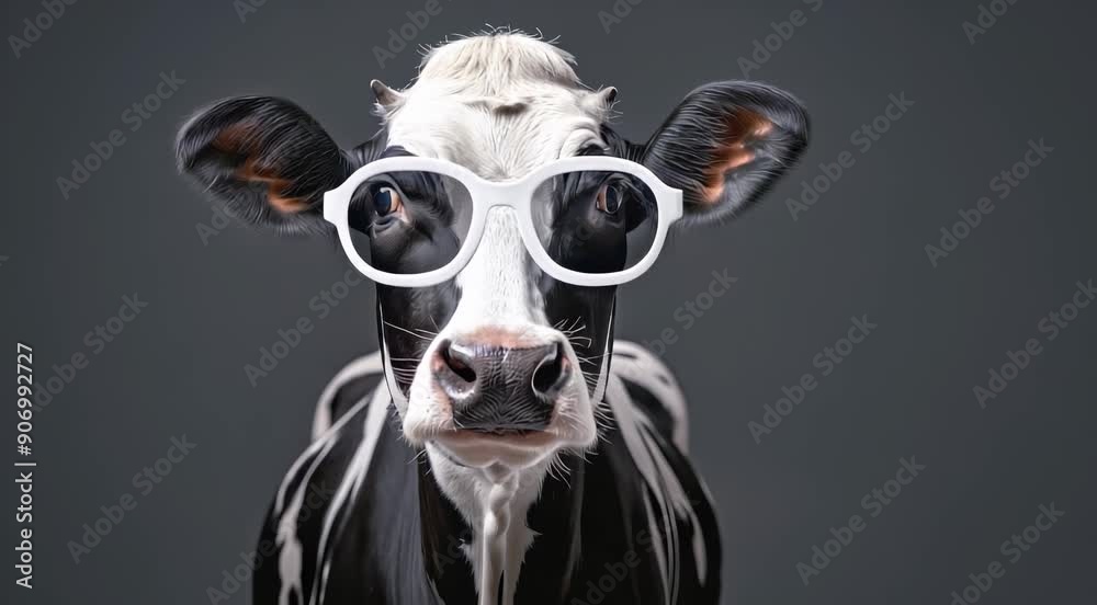Close-up of a black and white cow wearing white oversized glasses against a dark background. Close-up of a black and white cow wearing white oversized glasses against a dark background.