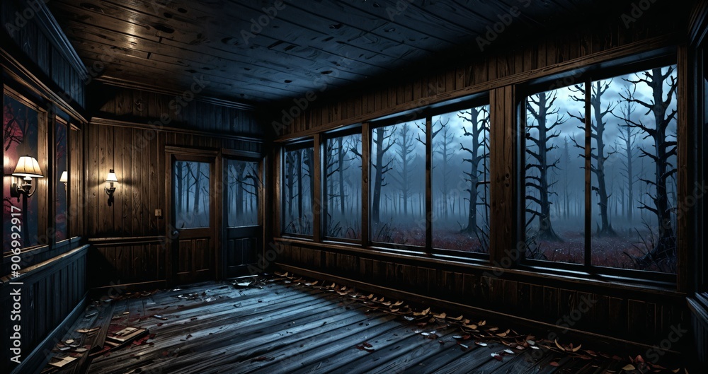 dark hallway corridor room in abandoned wooden cabin house in the woods forest during autumn sunset with red and orange fall trees. dark hallway corridor room in abandoned wooden cabin house in the woods forest during autumn sunset with red and orange fall trees.