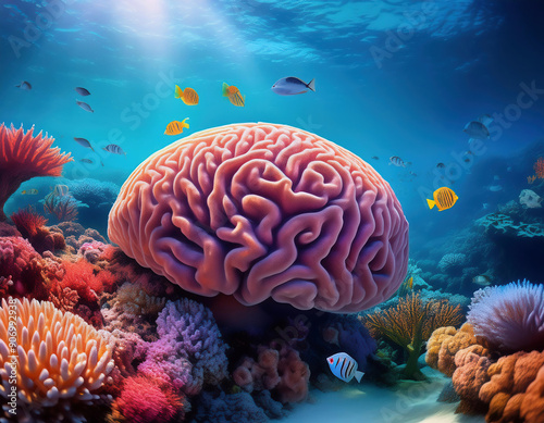 Fototapeta Naklejka Na Ścianę i Meble -  Fantasy illustration of a vibrant underwater landscape human brain shaped coral and tropical fish