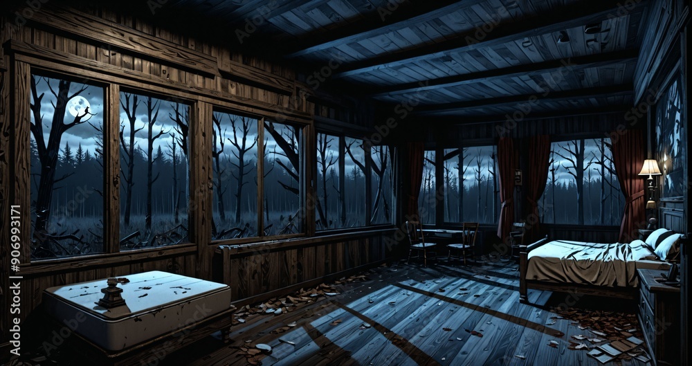 cabin bedroom in abandoned wood shack in the woods forest in autumn. indoors with landscape view of trees from windows in fall. cabin bedroom in abandoned wood shack in the woods forest in autumn. indoors with landscape view of trees from windows in fall.