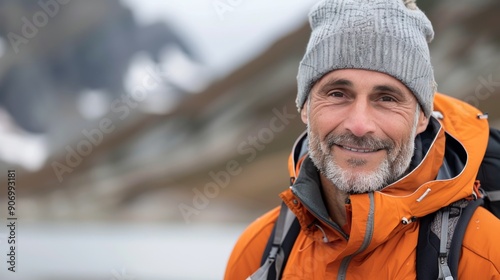 Smiling Hiker in Bright Jacket Against Mountainous Landscape at Dusk