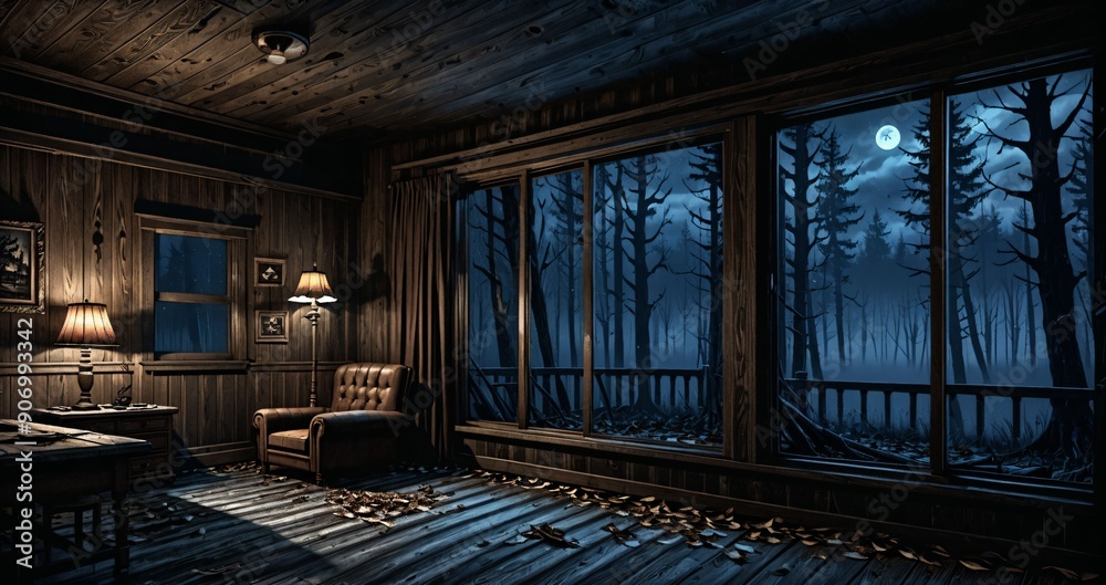 dark hallway corridor room in abandoned wooden cabin house in the woods forest during autumn sunset with red and orange fall trees. dark hallway corridor room in abandoned wooden cabin house in the woods forest during autumn sunset with red and orange fall trees.