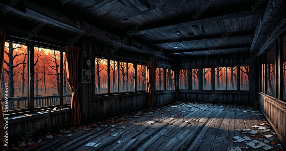 dark hallway corridor room in abandoned wooden cabin house in the woods forest during autumn sunset with red and orange fall trees. dark hallway corridor room in abandoned wooden cabin house in the woods forest during autumn sunset with red and orange fall trees.