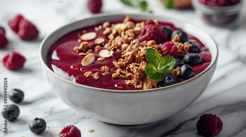 a bowl of berries, granola, and yogurt on a table a bowl of berries, granola, and yogurt on a table