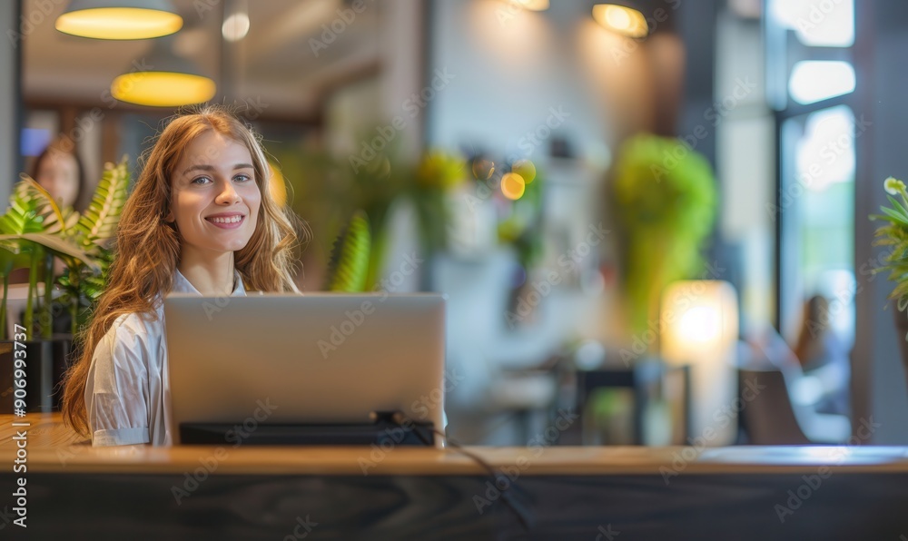 Smiling receptionist woman at hotel front desk, welcoming. Free copy space for text. Smiling receptionist woman at hotel front desk, welcoming. Free copy space for text.