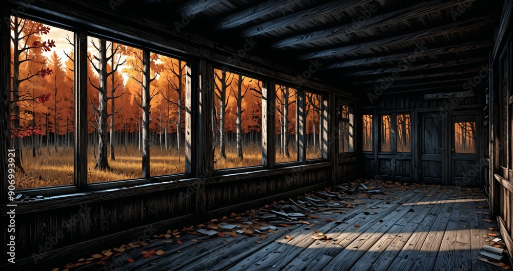 dark hallway corridor room in abandoned wooden cabin house in the woods forest during autumn sunset with red and orange fall trees. dark hallway corridor room in abandoned wooden cabin house in the woods forest during autumn sunset with red and orange fall trees.