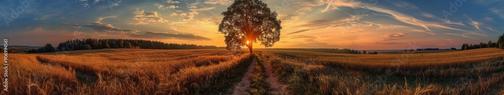 Sweeping Panoramic View of a Field with Trees and Earthy Textures at Sunset, Capturing the Serene Beauty of Nature's Twilight Sweeping Panoramic View of a Field with Trees and Earthy Textures at Sunset, Capturing the Serene Beauty of Nature's Twilight