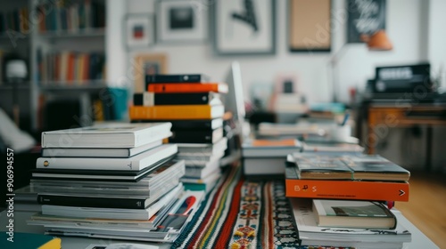 Stacked Books on a Colorful Table Runner in a Cozy Home Office Workspace