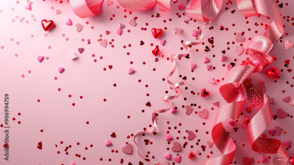 Valentine s Day themed pink background with confetti hearts top view and copy space image Valentine s Day themed pink background with confetti hearts top view and copy space image
