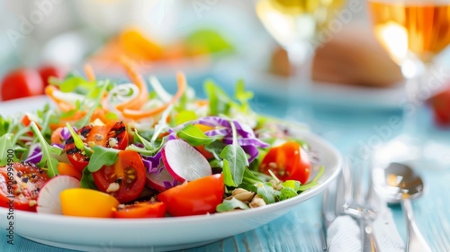 Fresh Garden Salad With Colorful Vegetables on a White Plate at a Dining Table
