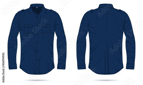 Navy blue long sleeve button down formal shirt template front and back view
