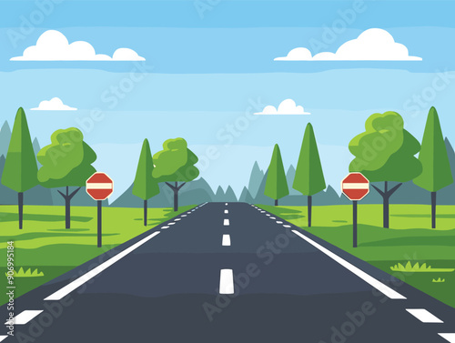 Straight road leading through green landscape, empty road no vehicles people. Clear blue sky over dotted line, stop signs, trees sides. Cartoon style country mountains distance roadside traffic