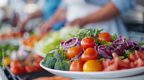 Fresh Garden Salad With Colorful Vegetables on a White Plate at a Dining Table