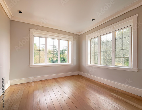 interior new house, empty room with white window, walls and wooden floor. Real estate concept