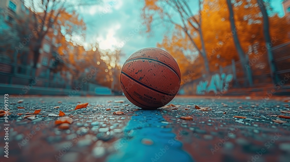 A lone basketball sitting in the middle of a wet, autumn-colored outdoor court surrounded by trees and buildings, symbolizing sports and leisure