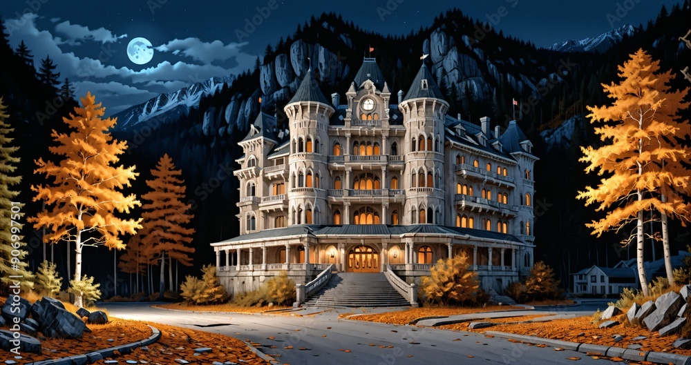 luxury hotel resort at the base of a mountain in the yellow orange autumn woods at night. modern baroque architecture building in the woodland wild forest mountains. luxury hotel resort at the base of a mountain in the yellow orange autumn woods at night. modern baroque architecture building in the woodland wild forest mountains.