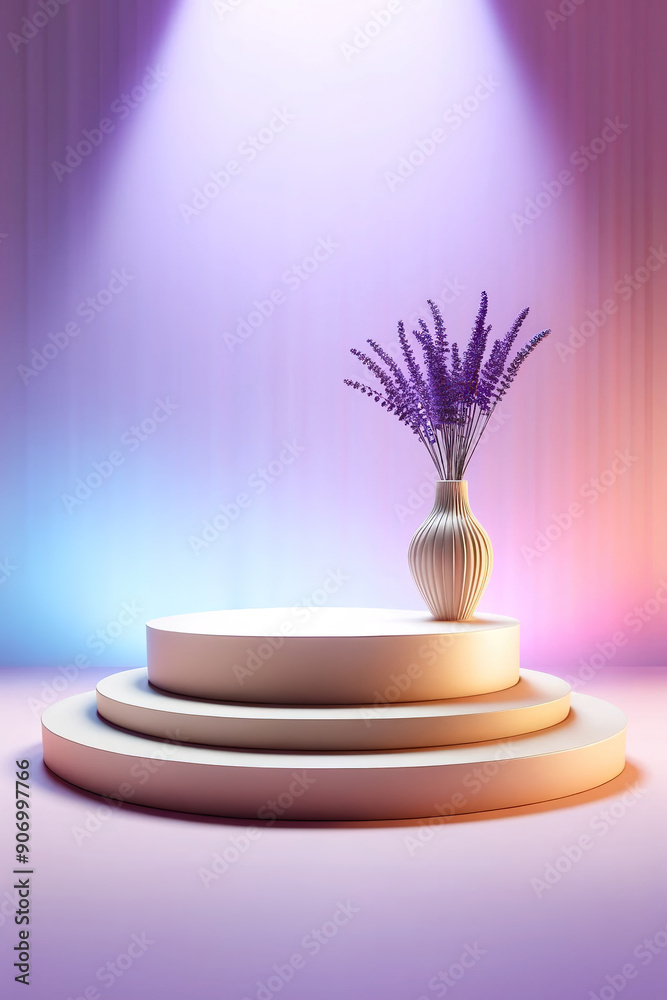 Pedestal or podium in the shape of a cylinder with purple flowers in a vase for displaying different items on a soft multicolored background Pedestal or podium in the shape of a cylinder with purple flowers in a vase for displaying different items on a soft multicolored background