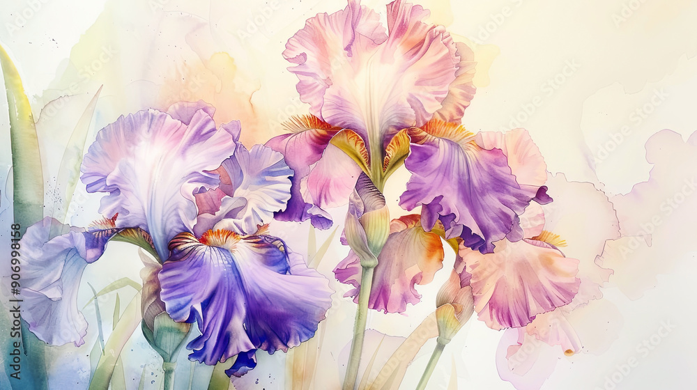 Watercolor irises using lifting, soft and light pastels creating delicate highlights, light background Watercolor irises using lifting, soft and light pastels creating delicate highlights, light background