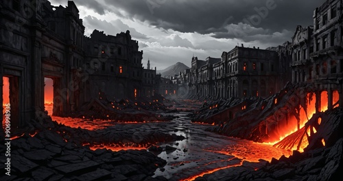 hellscape city buildings burning in inferno molten lava magma. vision of hell with hellmouth on city ruins post apocalyptic cataclysm. 