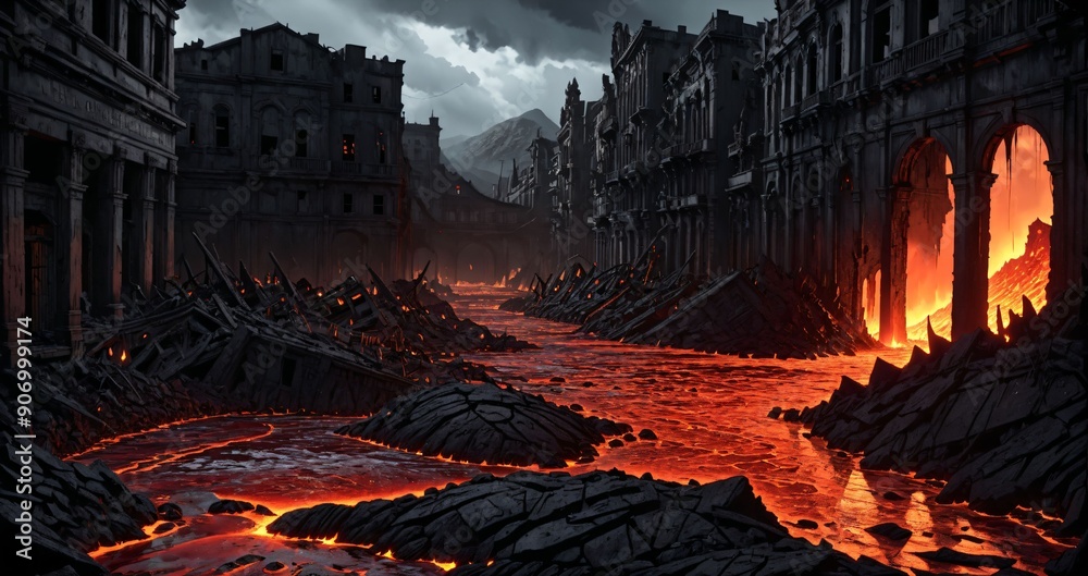 post apocalyptic city buildings drowning in lava during post apocalypse ...