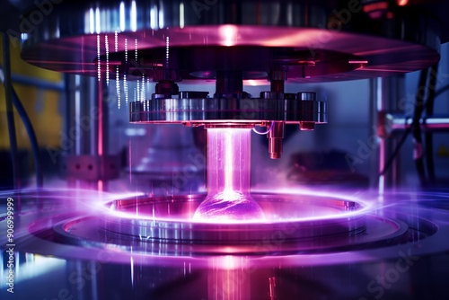 A glowing purple plasma reactor showcases futuristic energy technology with vibrant, intense visual effects.