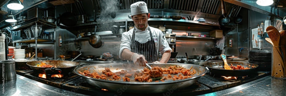 A professional chef diligently preparing a variety of exquisite dishes on a stovetop in a bustling, industrial-style kitchen with stainless steel equipment A professional chef diligently preparing a variety of exquisite dishes on a stovetop in a bustling, industrial-style kitchen with stainless steel equipment
