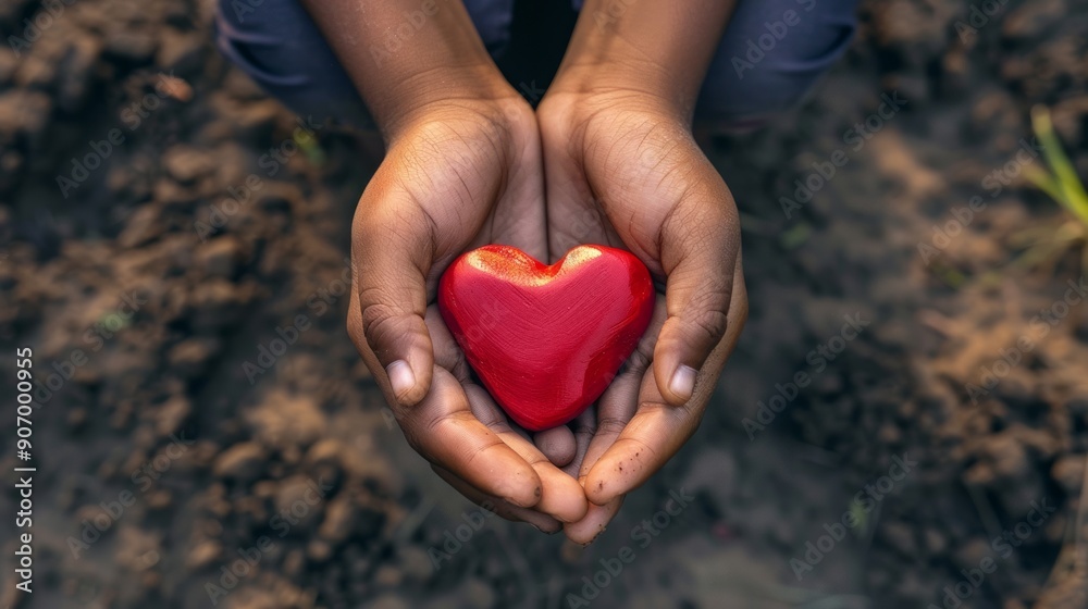 Fototapeta premium Child holding red heart-shaped object in hands surrounded by soil and greenery outdoors