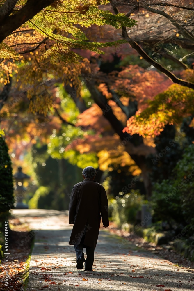 A solitary figure in a coat walks down a serene path surrounded by autumn trees with vivid foliage, embodying solitude and reflection. A solitary figure in a coat walks down a serene path surrounded by autumn trees with vivid foliage, embodying solitude and reflection.