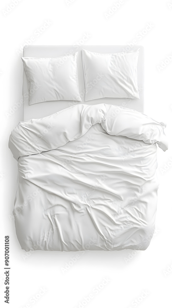 Blank white bed mock up, top view isolated on white background. Empty blanket and pillows mockup in bedstead Blank white bed mock up, top view isolated on white background. Empty blanket and pillows mockup in bedstead