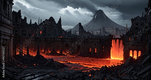 post apocalyptic city buildings drowning in lava during post apocalypse cataclysm. destroyed town ruins in magma with gate of hell hellmouth inferno entrance. photo