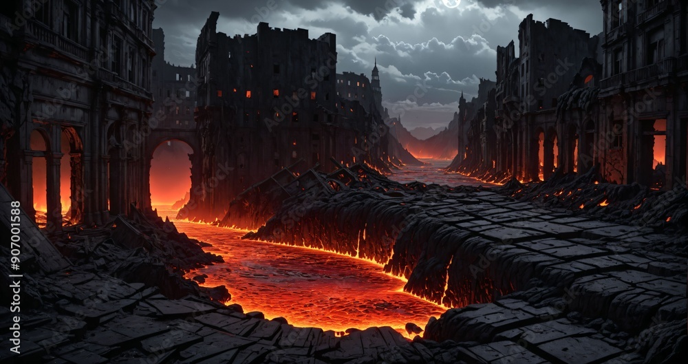 post apocalyptic city buildings drowning in lava during post apocalypse cataclysm. destroyed town ruins in magma with gate of hell hellmouth inferno entrance. post apocalyptic city buildings drowning in lava during post apocalypse cataclysm. destroyed town ruins in magma with gate of hell hellmouth inferno entrance.