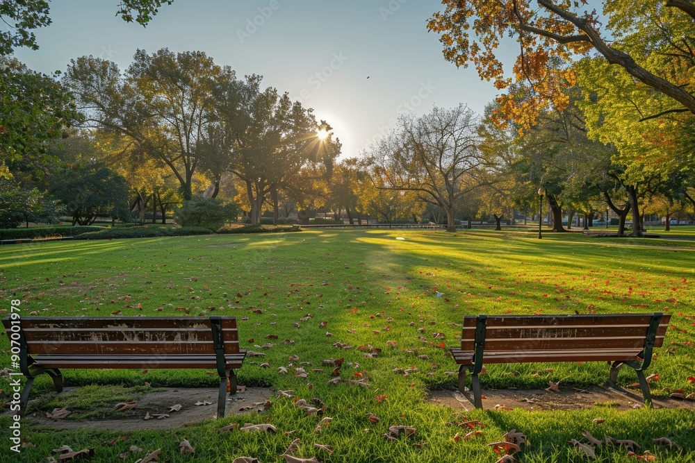 A serene park with green grass, wooden benches, and tall trees during a sunny day, showcasing the beauty of nature and peaceful outdoor spaces A serene park with green grass, wooden benches, and tall trees during a sunny day, showcasing the beauty of nature and peaceful outdoor spaces